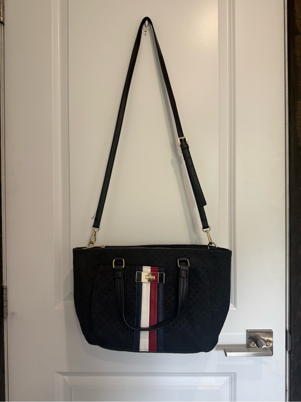 Tommy Hilfiger Black Shoulder Bag with Red and White Center Stripe